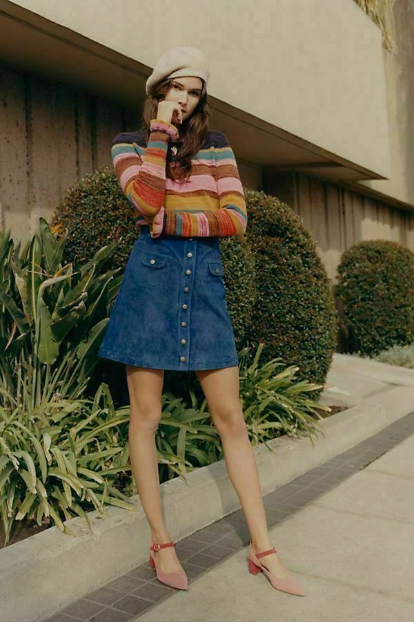 NUEVO CON ETIQUETAS Anthropologie Mini Falda Botón Cuero Gamuza Real Azul 0 Pequeña Retro Años 70 Foto 3 de 4