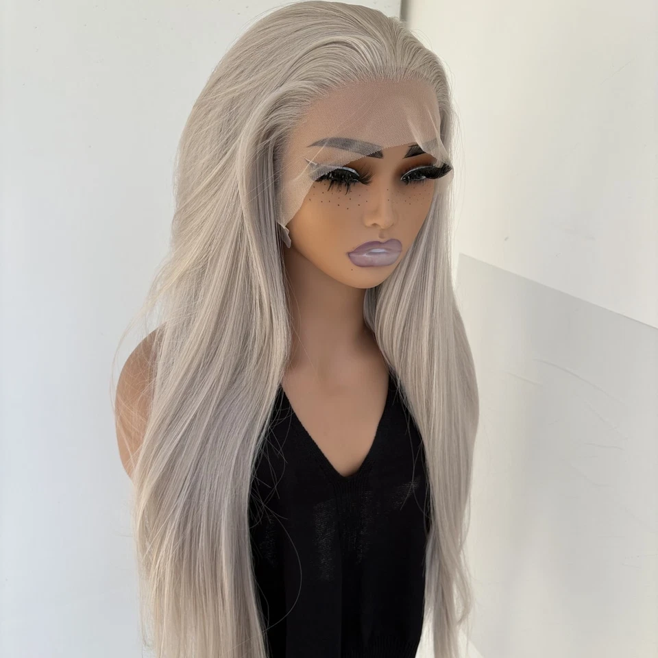 Peluca frontal sin pegamento sin encaje cabello sintético resistente al calor larga recta gris plateado Foto 4 de 4