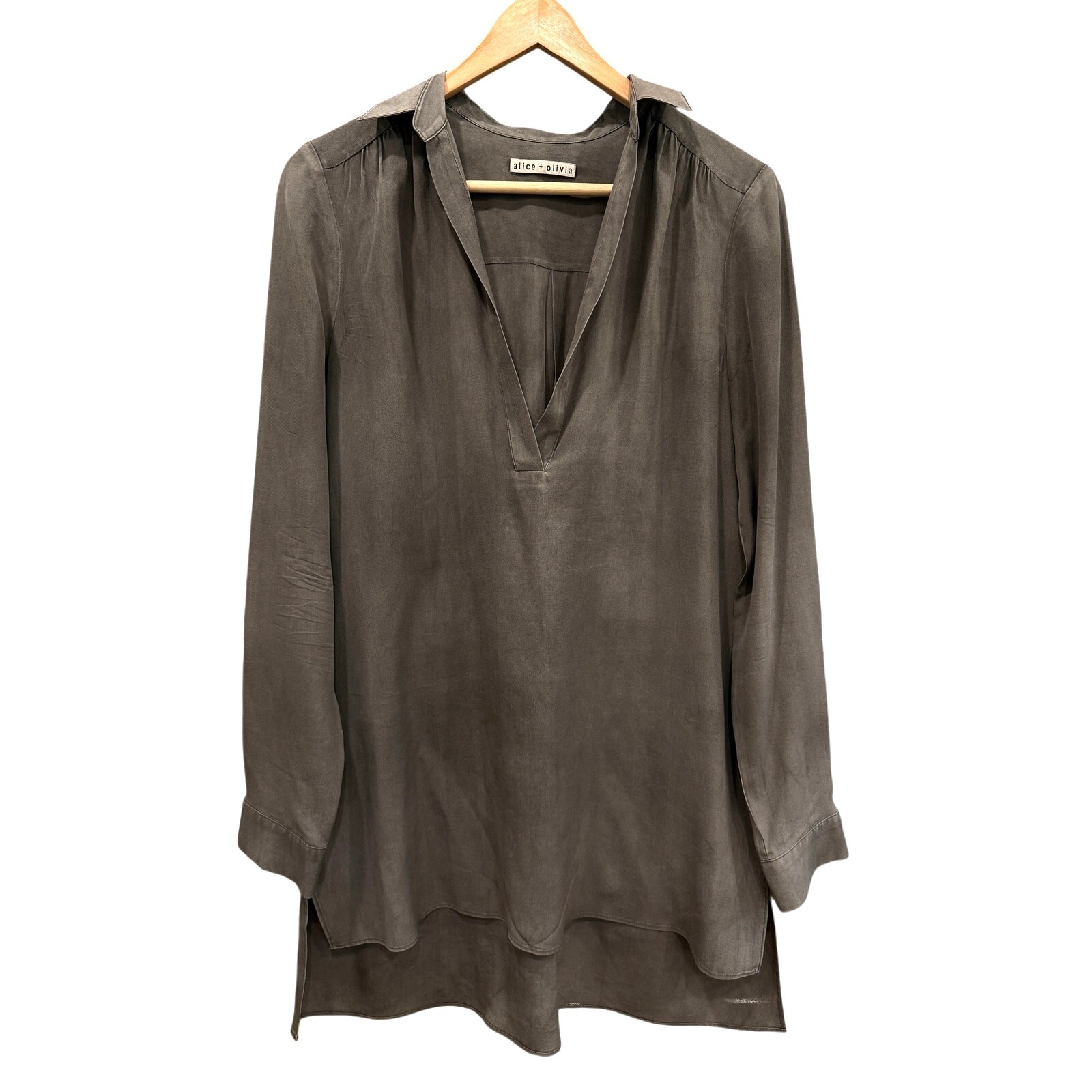 Olive green silk tunic blouse with high-low hem.