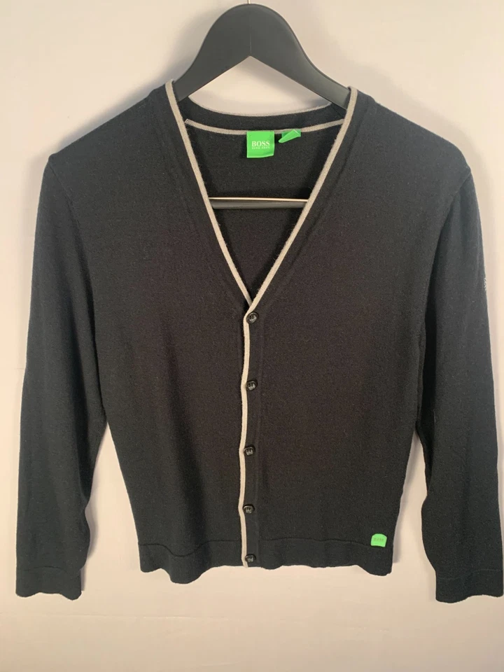 HUGO BOSS мужской вязаный свитер кардиган на пуговицах черный маленький 100% шерсти очень тонкий - Изображение 2 из 4
