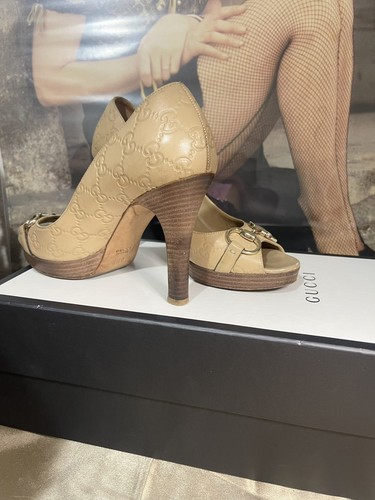 GUCCI GG Peep Toe Platform Pumps Women Leather Shoes Beige 8.5 With Box - Picture 3 of 14