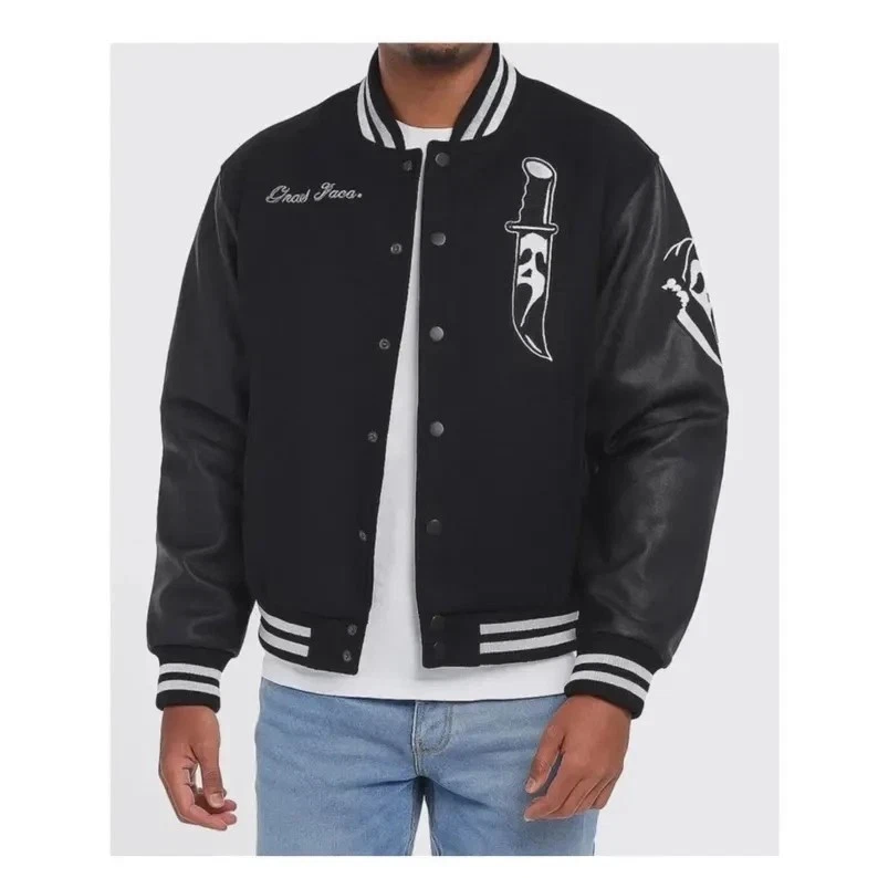 Scream Men’s Ghost Face Jacket Wool Leather Horror Varsity Bomber Letterman Coat image 3