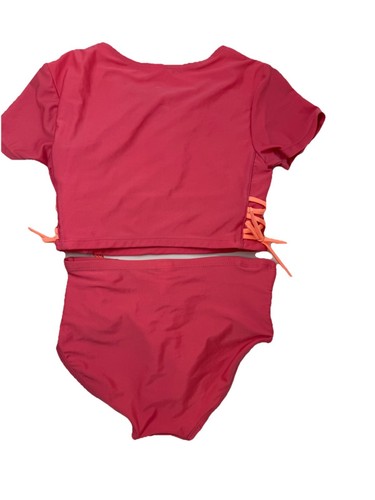 Justice Girl Rash Guard SET 2 pc Pink Palm Surf Swimsuit Size M (10) Pre-Owed - Picture 2 of 9