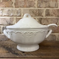 Ceramic Soup Tureen With a Lid and Ladle white Signature embossed 12”W x 10”H