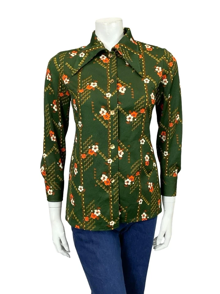VTG 60S 70S GREEN ORANGE YELLOW BROWN FLORAL GEOMETRIC DAGGER MOD SHIRT 12 - Image 4 of 4