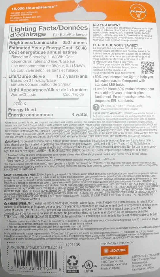 12 PC Sylvania LED TruWave Candelabra Base Chandelier Bulb 40794 40w Equivalent - Image 4 of 4