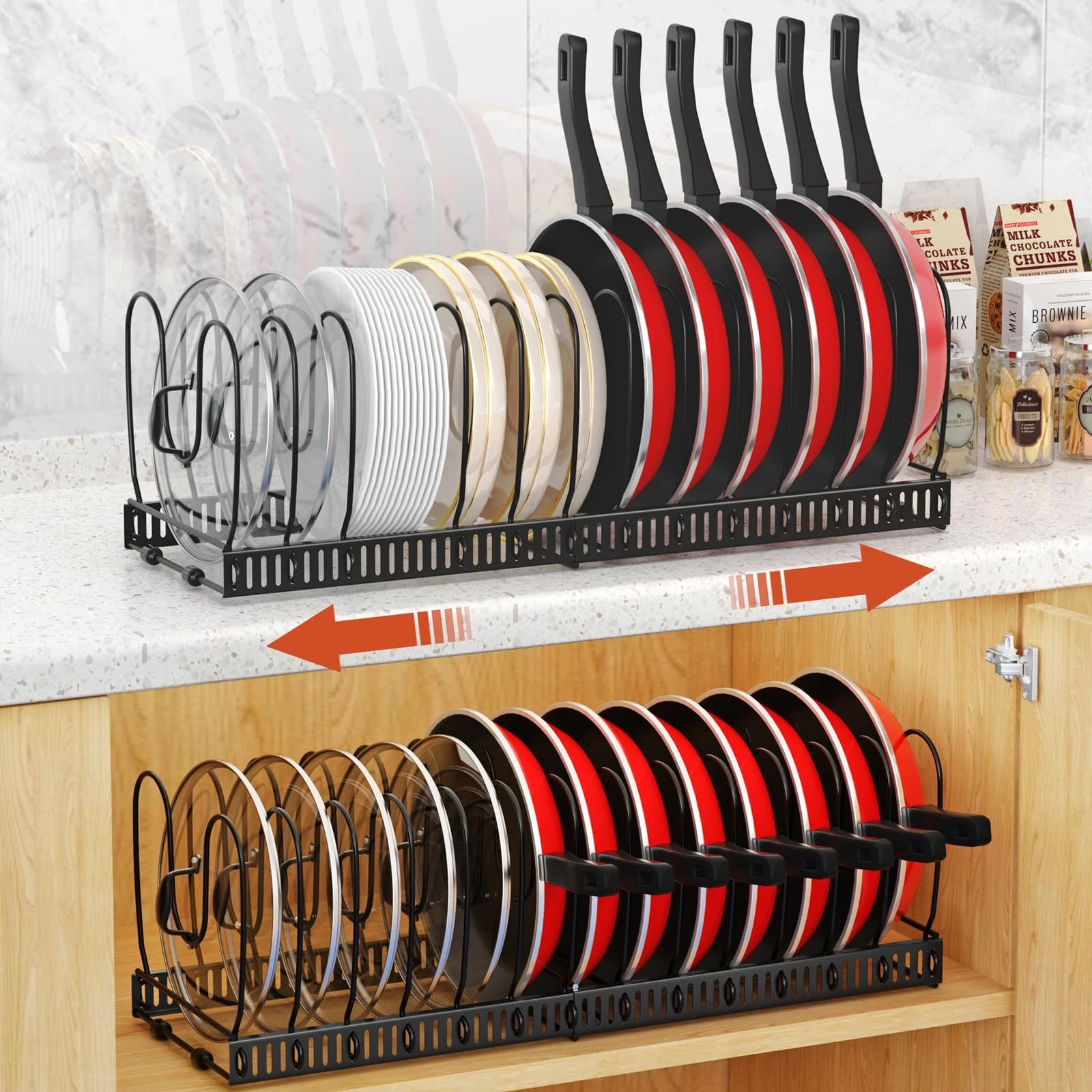 2 Pack Pot and Pan Organizer, 12"-23" Expandable Pot Lid Organizer with 14 Ad...