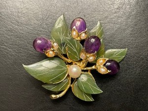 Authentic Vintage SWOBODA Amethyst Jade Pearl Bouquet Brooch Gold Plated Floral Spray Pin