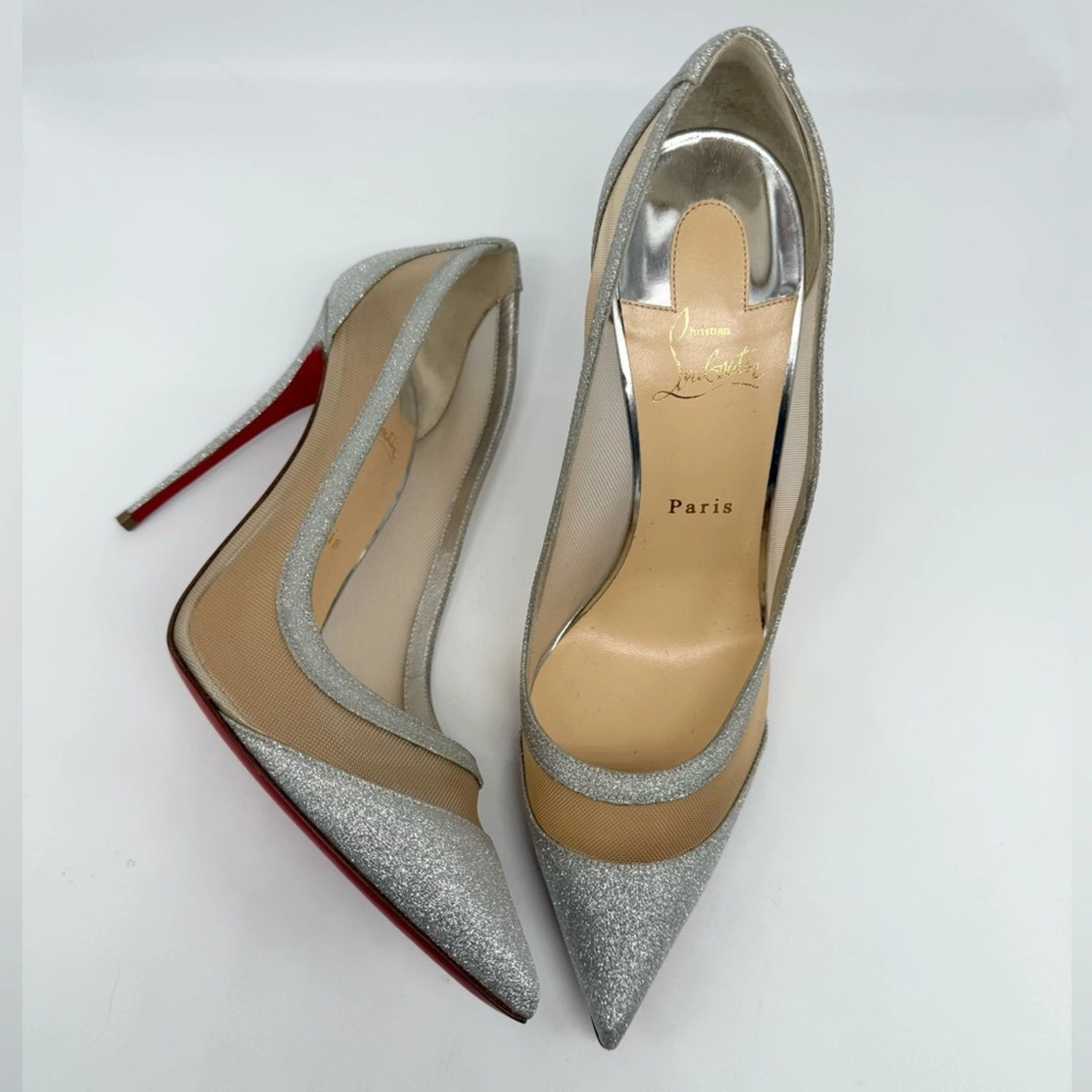 Christian Louboutin — Christian Louboutin Silver Glitter Leather Mini Rete Galativi 100mm Pumps EU 42
