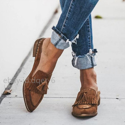 Womens Casual Slip-On Tassel Flats Loafer Oxfords Shoes Suede Pointed Toe Mules