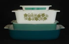 PYREX - 4 Green-White SPRING BLOSSOM GREEN, CREO Casserole, Loaf Pan, Pixie Set