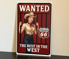 Phillips 66 Cowgirl Wanted Pinup Vintage Style Metal Sign
