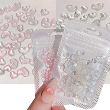200 Pcs Glitter Clear Pink Heart Nail Art Charms Mixed Size 3D Love Hearts Nail