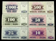  Bosnia & Herzegovina 1000,500,100,50,25,10 Dinara 1992 UNC Banknotes