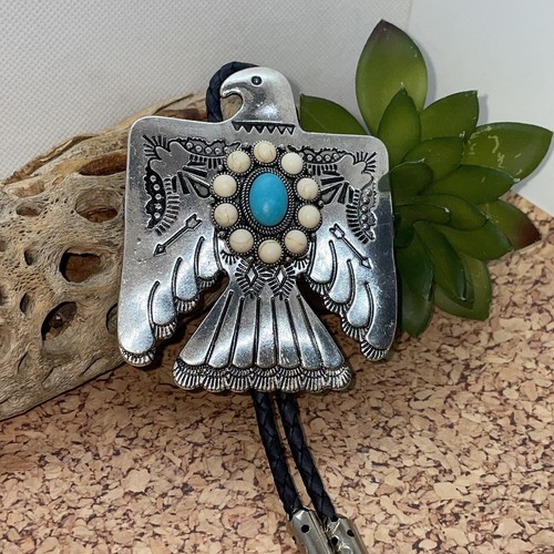 Unique Thunderbird T-Bird White Blue Turquoise Concho Lariat Bolo Tie Wedding ne - Picture 6 of 22