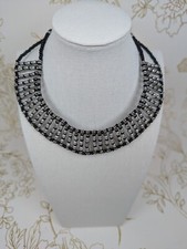 Handmade 1960s Choker Beaded Collar Black Silver Intricate 1.5" Wide Design Rare