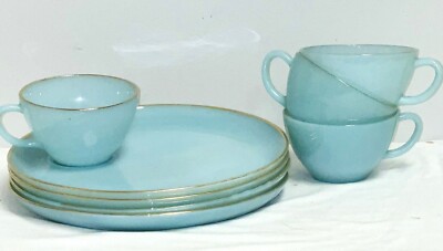 Fire-King スナックセット 4客セット ブルー 4 Fire King TURQUOISE BLUE SNACK PLATE & CUP SETS W/ GOLD TRIM | eBay