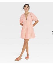 Women's Puff Elbow Sleeve Crinkle Tiered Dress - Universal Thread Peach XS