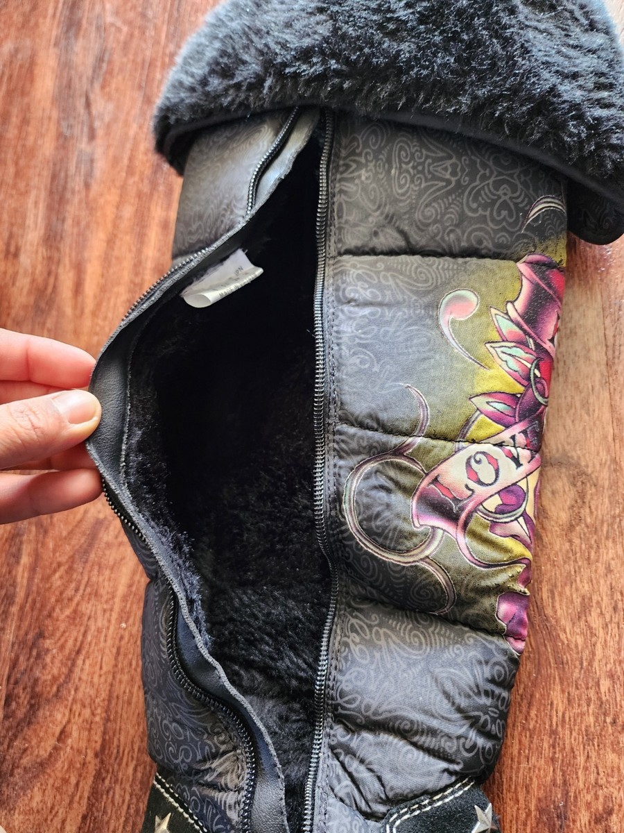 ED HARDY LOVE KILLS KNEE HIGH BOOTS BLACK, SUEDE , FUR SIZE 8 USED