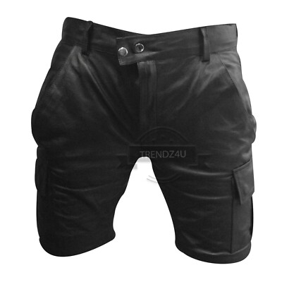 Men's New Back Zipper Black Leather Slim Fit Cargo Shorts Gay - Main Image