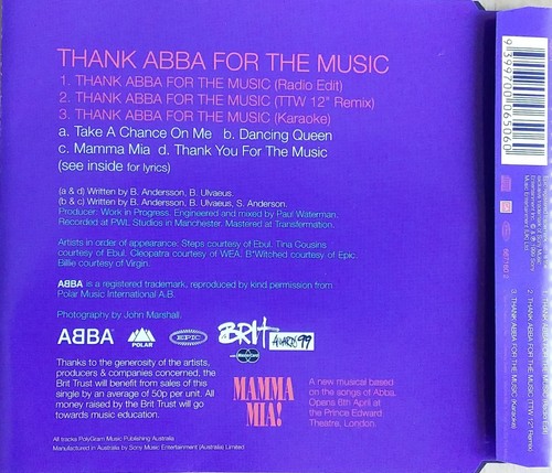 Various - Thank Abba For The Music. 1999 Aussie 3 Track CD Single In As New Cond - Picture 2 of 3
