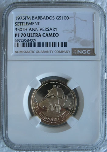 1975 FM Barbados Gold 100 Dollars NGC PF-70 Settlement 350th Anniversary