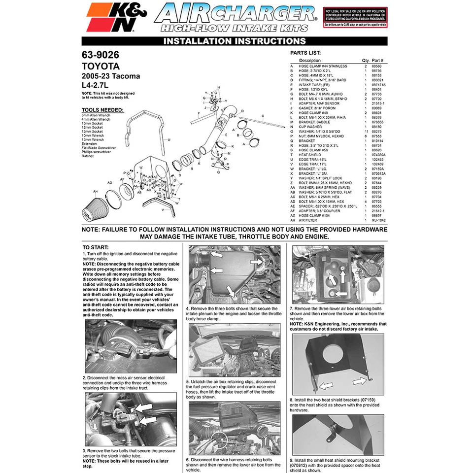 Kit de sistema de admisión de aire frío K&N 63-9026 Performance para Toyota Tacoma 05-23 2,7 L Foto 4 de 4