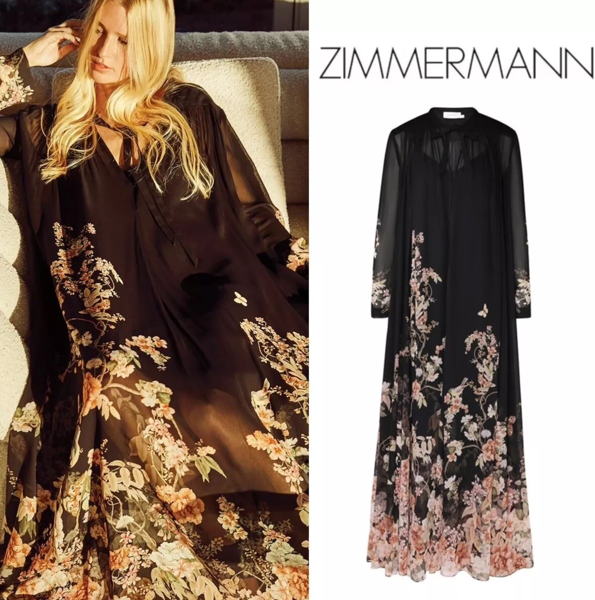 【Zimmermann】NATURA SHEATH DRESS ボタニカル マキシドレス NWOT Zimmermann $1,450 Natura Sheath Floral Black Midi Maxi