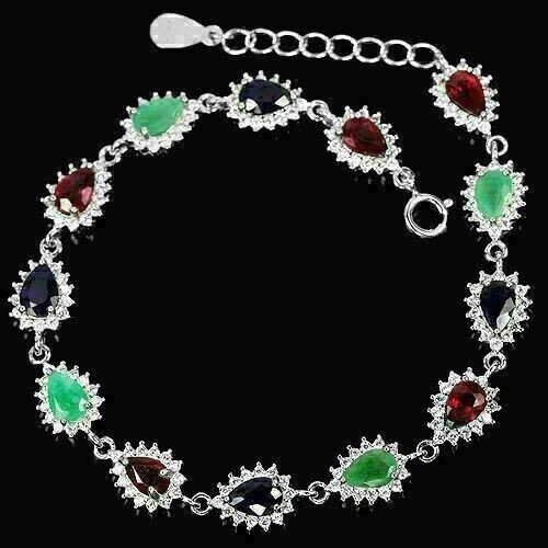 Silver Bracelet Ruby Emerald Sapphire Genuine Gems Sterling 6 1/2 to 7 1/4 In - Picture 15 of 24