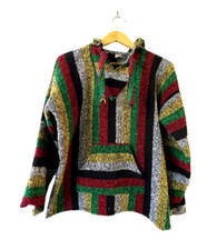 Unbranded Mexican Baja Hoodie Multicolor Striped Long Sleeve Kangaroo Drawstring