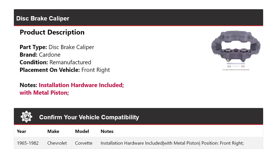 For 1965-1982 Chevrolet Corvette Disc Brake Caliper Front Right Cardone 1966 - Image 2 of 4