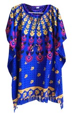 V-Neck Short Tassel Polyester Kaftan Dress African Print Blue Beach Wear L-31"