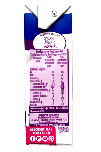 6-Pk Nestle Media Crema Deslactosada/Non Lactose Nestle table cream 190g/6.7oz - Picture 2 of 4