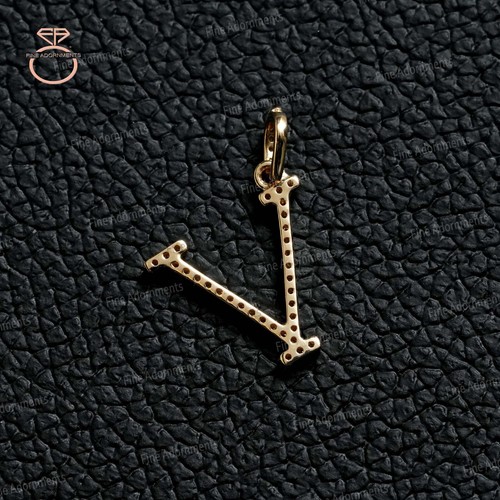 Solid 14k Yellow Gold V Initial Pendant Handmade Pave Diamond V Letter Jewelry - Picture 6 of 6