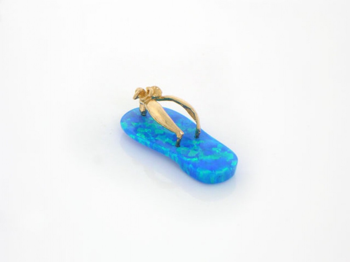 14k Yellow Gold Speckled Sea Blue Simulated Opal Flip Flop Charm - Main Image