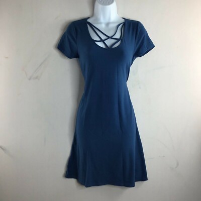 criss cross t shirt dress Pink Rose Women's Blue T Shirt Dress Scoop Neck Criss Cross Cap Sleeve Size  M