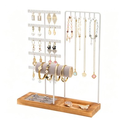 Jewelry Stand Organizer with Tray, Wooden Base Necklace Rack Tower, Jewelry D...