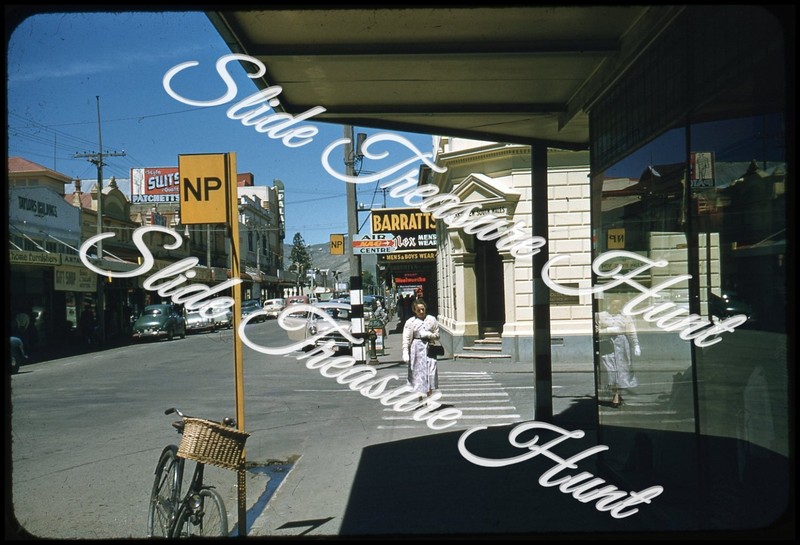 New Zealand Blenheim Street Scene Signs Car 35mm Slide 1950s Kodachrome Woman