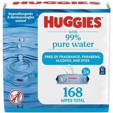 99 Pure Water Wipes, Unscented, 3 Flip-Top Packs, 168 Count, Alcohol-Free
