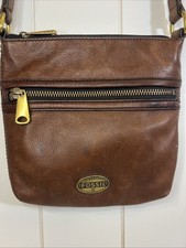 Fossil Crossbody Saddle Bag Brown Leather 8X7  Gold Logo Zipper Front Authentic