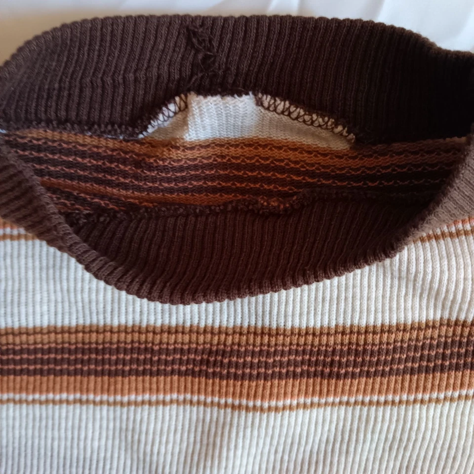 Camiseta Vintage Niños 6-8 Años 70 Brady Bunch Marrón Tostado Rayas Acanaladas Tejido Groovy Foto 4 de 4