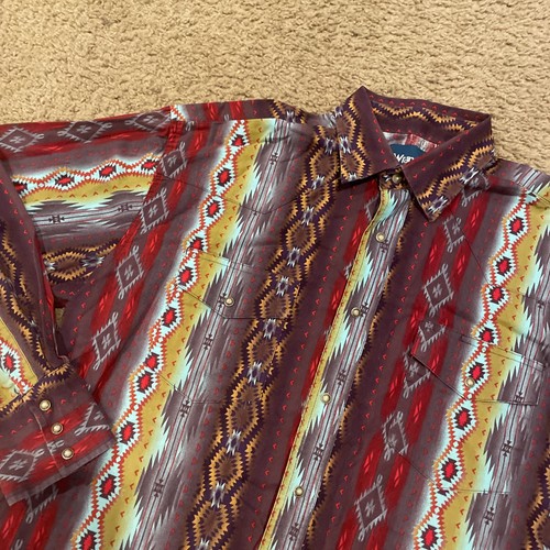 Vintage Wrangler Western Shirt Size Large Geometric Aztec Pearl Snap Cowboy 90s - Picture 2 of 11