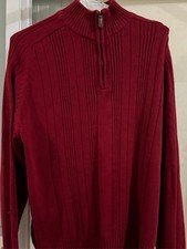 Mens Red Ribbed Knit Quarter Zip Pullover Mock Neck