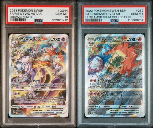 Charizard VSTAR SWSH262 & Mewtwo VSTAR GG44 Alternate Art GEM MT PSA 10 Set