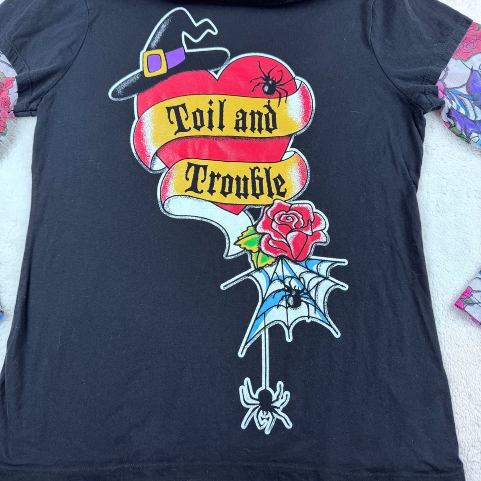 Tattoo Sleeve T Shirt Women's Halloween Toil and Trouble Gothic XL Witchy Spider - Image 3 of 4