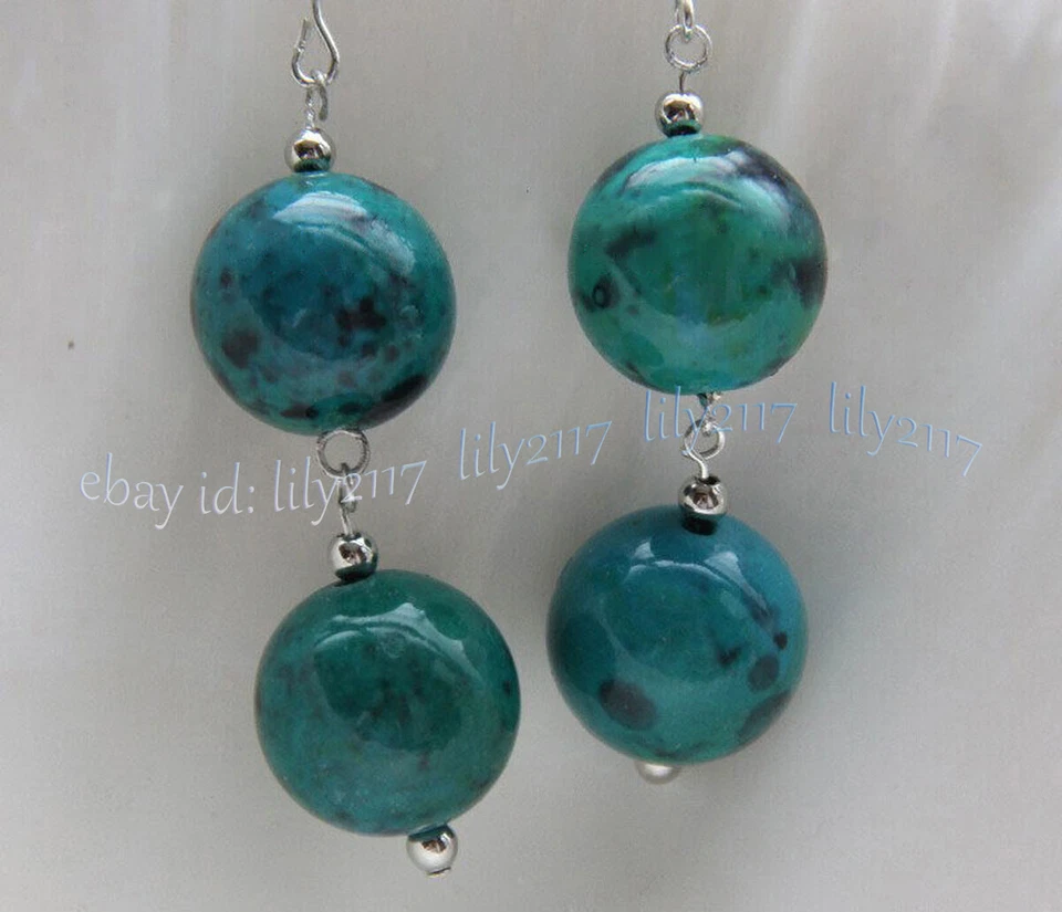 Pendientes de gancho colgantes cuentas gemas redondas de crisocola azurita verde 6/8/10/12/14 mm Foto 2 de 4