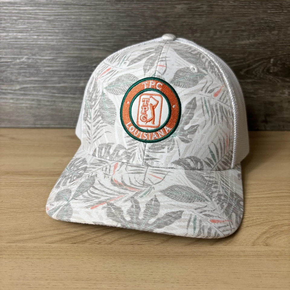 TPC Louisiana Sombrero Gorra Snap Back Blanco Gris Tropical Camionero Parche Hombres Adelante Foto 3 de 4