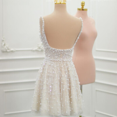 Pearl Beads Mini Dress Short Wedding Dress Corset Party Zipper Back Open  Back | eBay