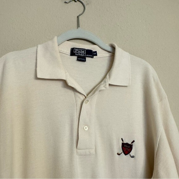 Vintage Polo Ralph Lauren Golf Shirt Sz Medium Ivory Logo Crest Preppy Academia