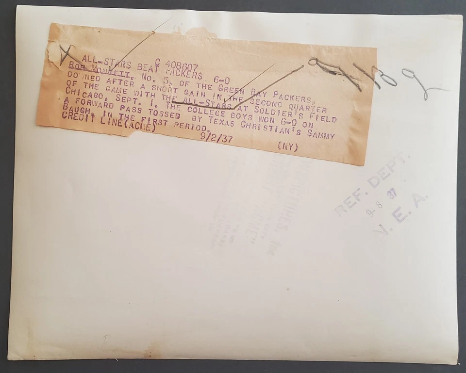 RARE 1937 College All-Stars vs. Green Packers Press Photo - Baugh Don Hutson !!! - Image 2 of 4